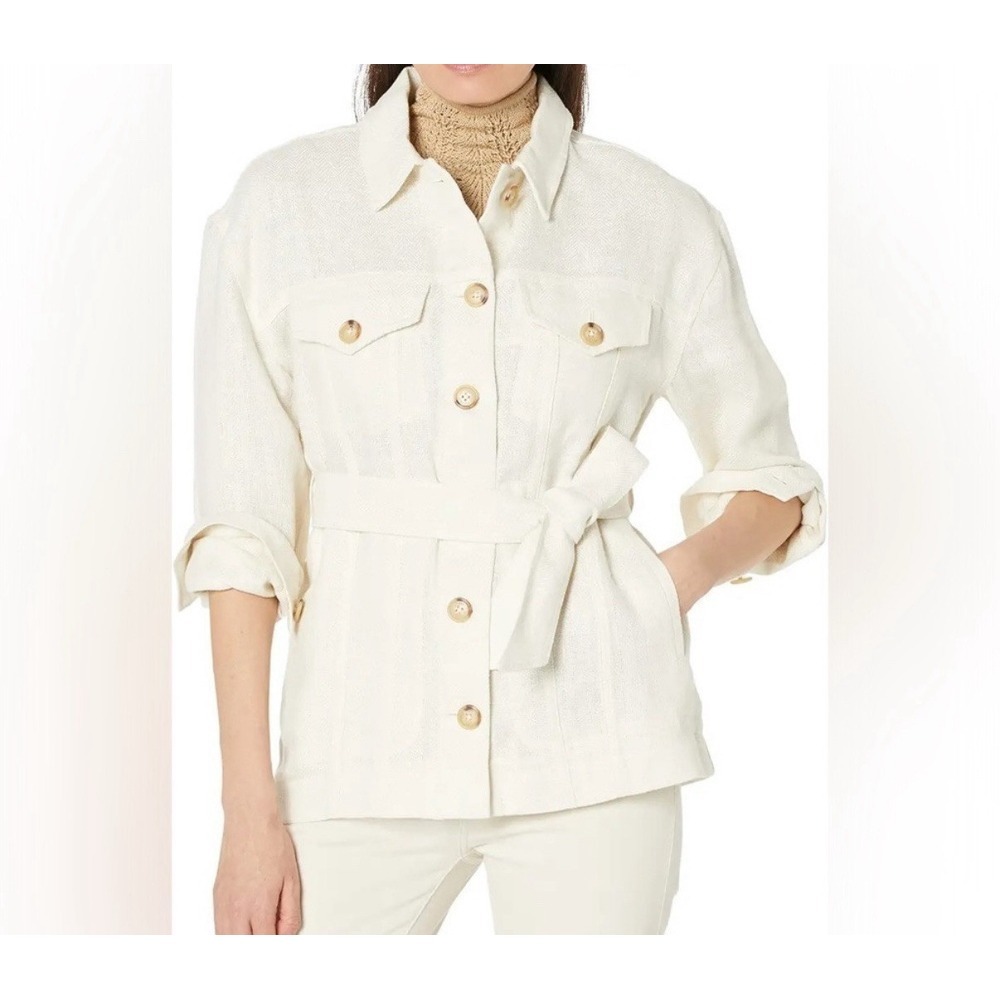Ralph Lauren Womens Belted Herringbone Linen Shirt Jacket Cream Plus Size 2X NWT